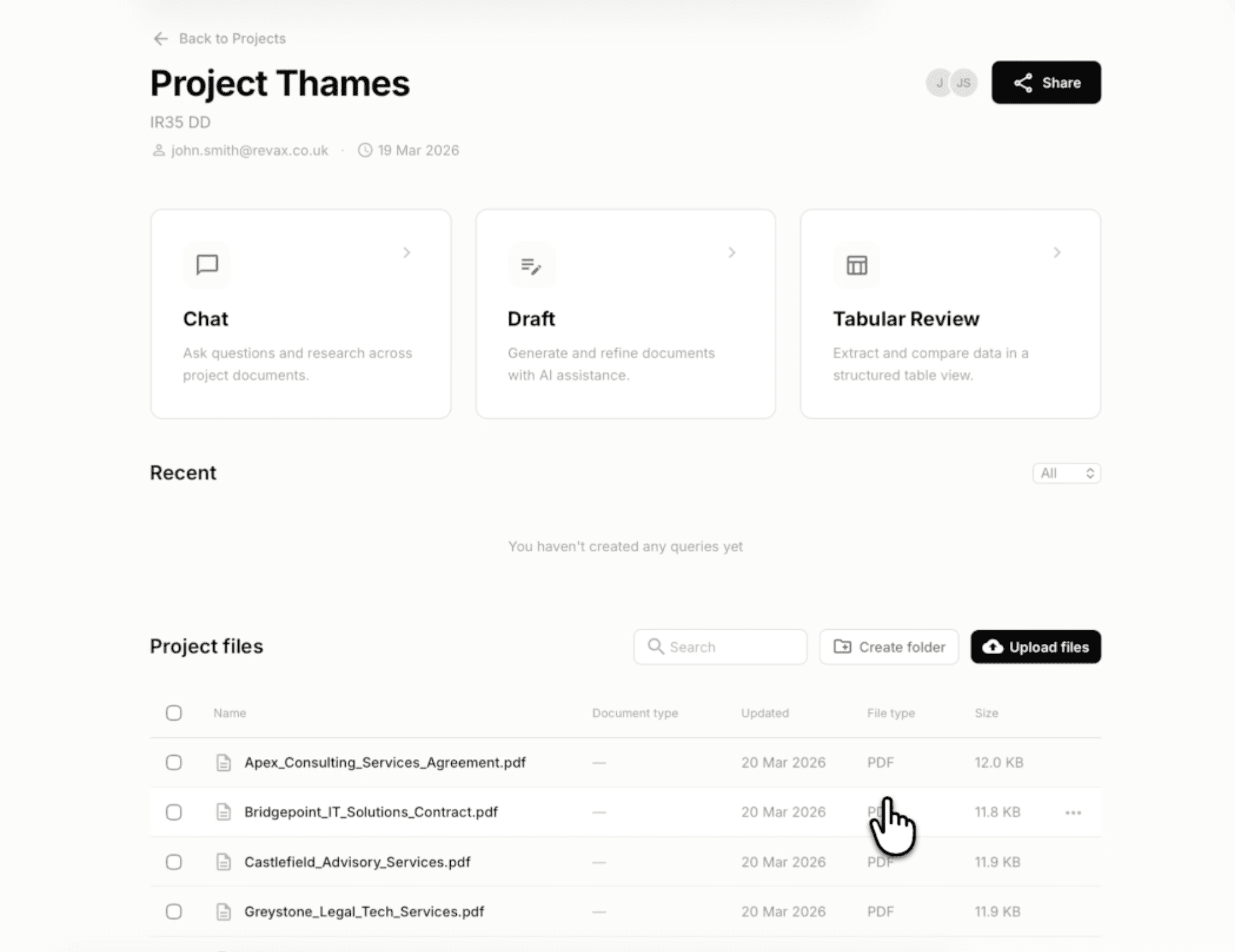 Revax Projects - a matter workspace with Research, Draft, Matrix and its files