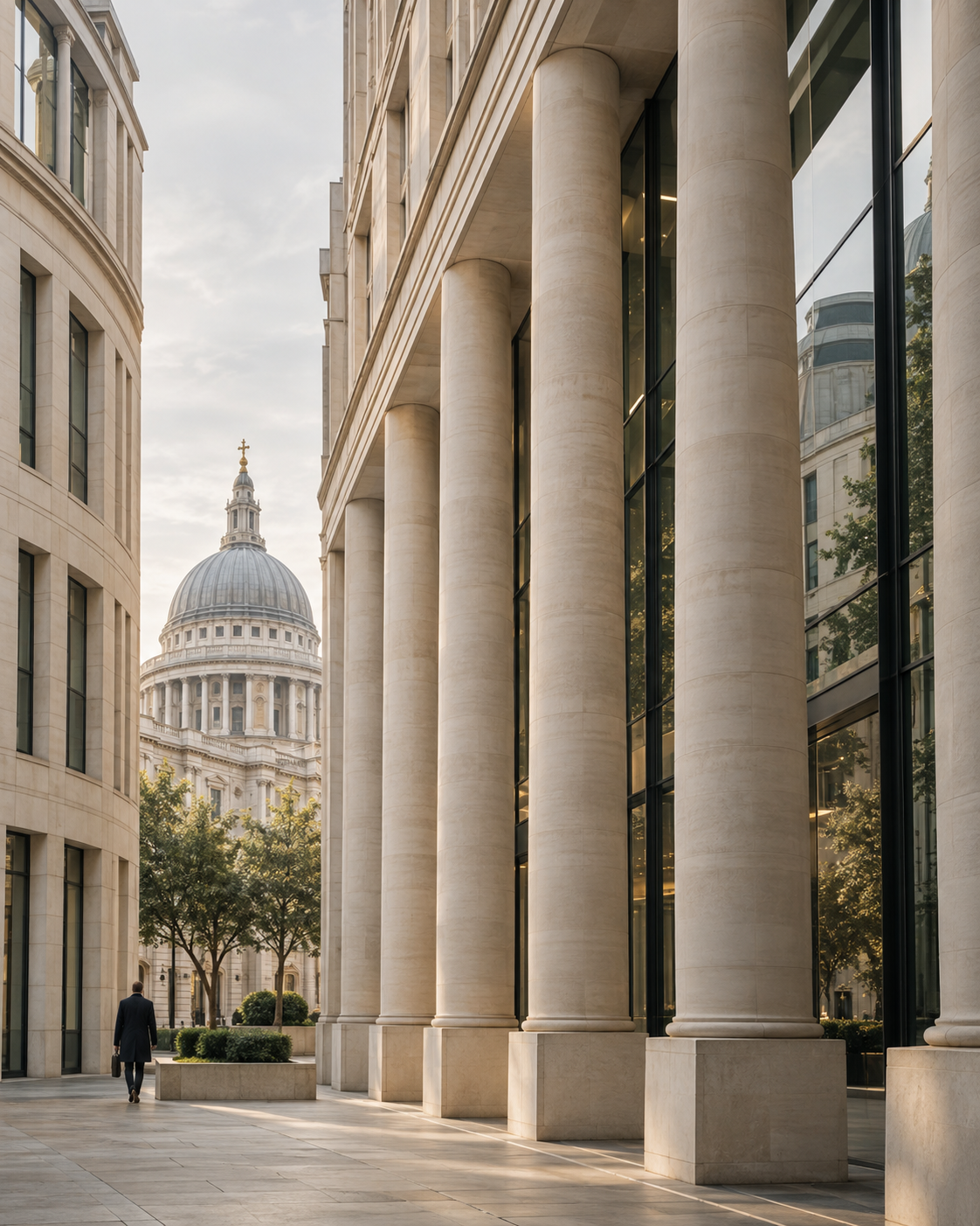 Pale stone columns and contemporary glass framing a London courtyard