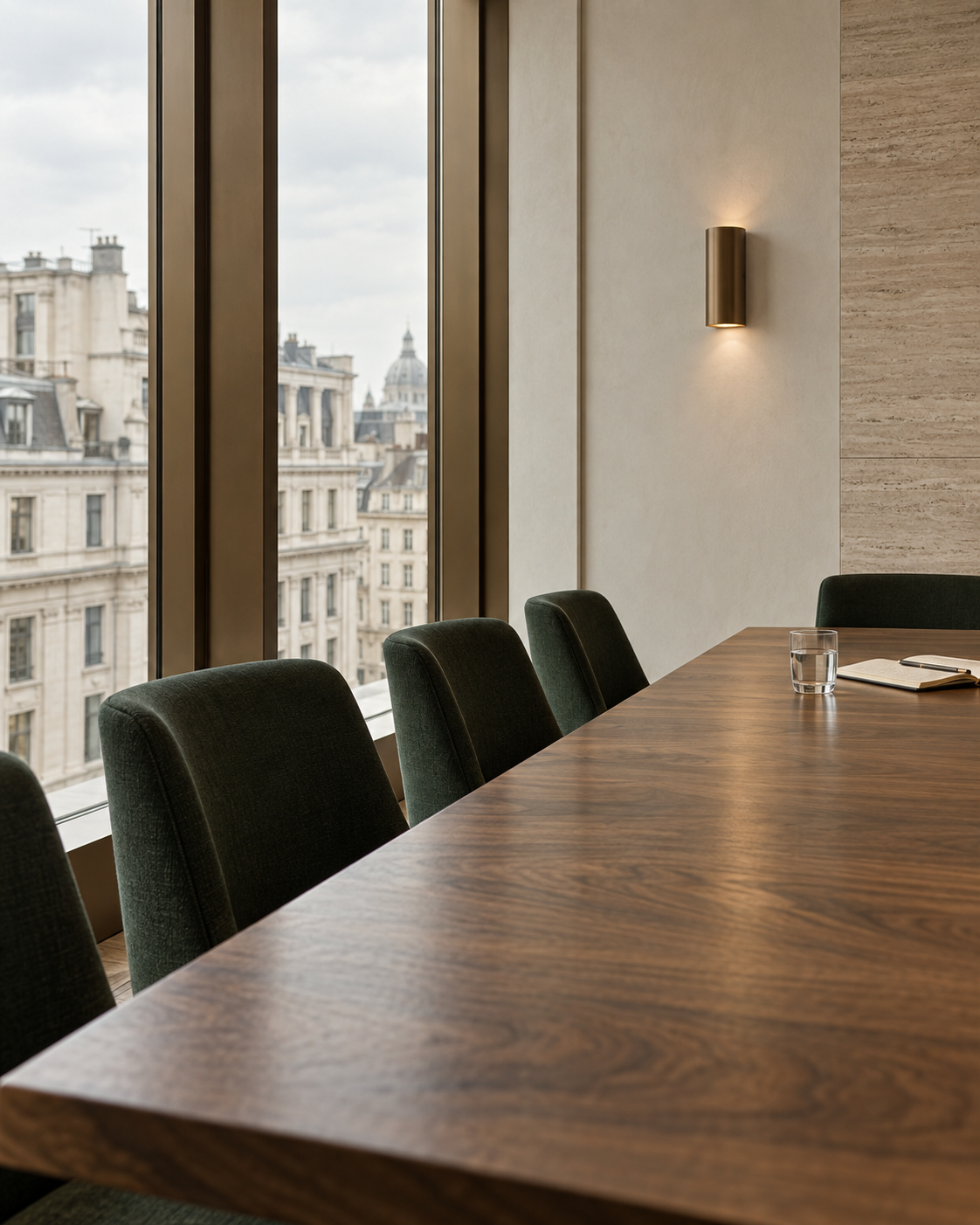 A quiet meeting room with walnut furniture and views of London architecture