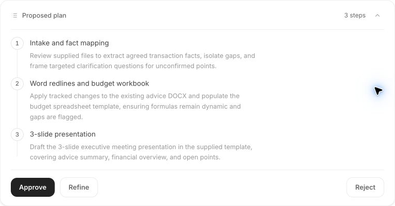 The actual Tallia proposed plan with steps for documents, a budget workbook, and a presentation, plus Approve and Refine controls.