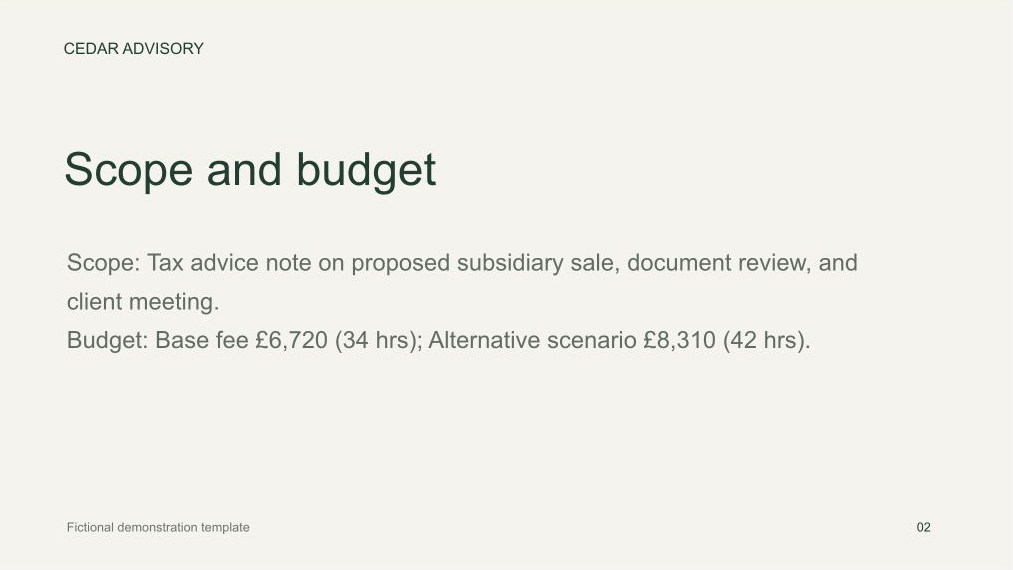 The completed Scope and budget slide viewed inside Tallia, retaining the uploaded cream and green presentation template and showing the base and alternative fee budgets.