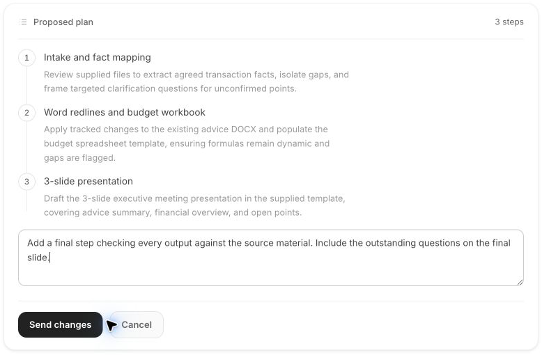 The actual Tallia plan refinement field requesting a final source check and outstanding questions on the final slide, with Send changes and Cancel controls.
