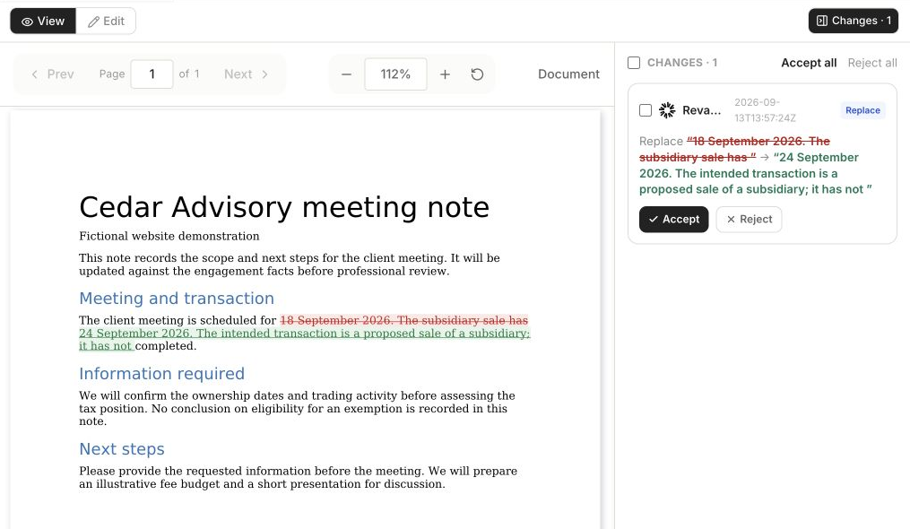 The actual Tallia Word review showing a deleted meeting date and transaction status in red, replacements in green, and Accept and Reject controls.