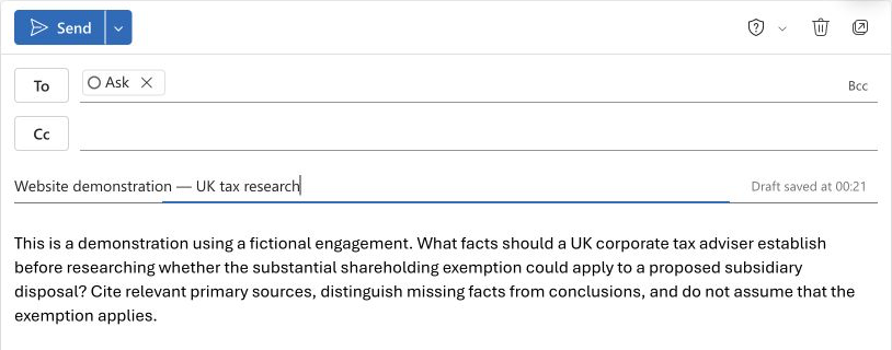 A fictional research question prepared in Outlook for Tallia. This demonstration email is unsent.