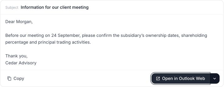 The actual Tallia email card, edited into a concise request for subsidiary facts.