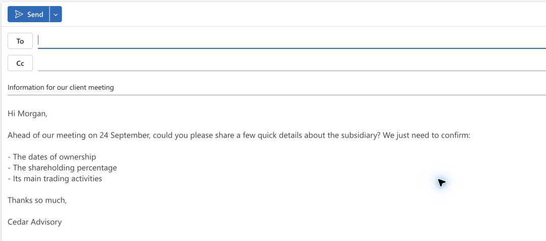 The generated email opened in the real Outlook compose window, with its recipient blank and the email unsent.