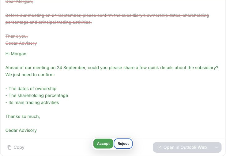 Tallia compares the original email in red with the proposed refinement in green, with Accept and Reject controls.