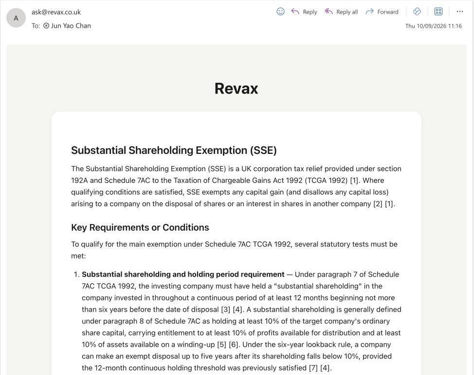 An actual Outlook reply from ask@revax.co.uk to a test question about SSE, showing the Tallia answer and numbered citations.