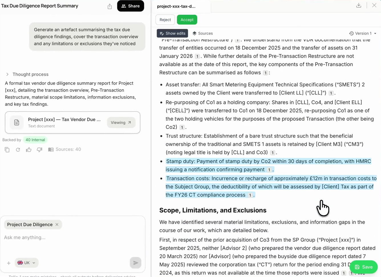 Tallia drafting workspace showing a tax due diligence report, cited passages, and highlighted revisions in the editor.