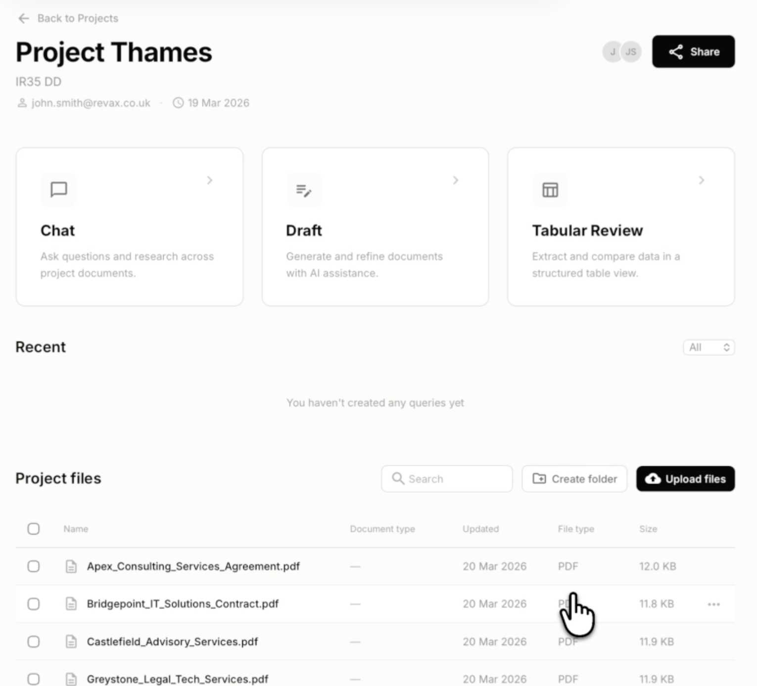 Tallia Project Thames workspace, with research, drafting, document review, and engagement files in one place.