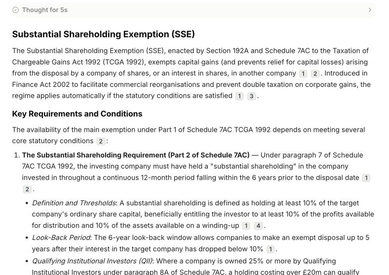 A Tallia research answer on Substantial Shareholding Exemption, with numbered citations throughout the analysis.