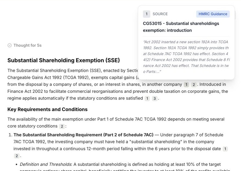 A citation preview open over the Tallia answer, showing the HMRC source title and supporting excerpt.
