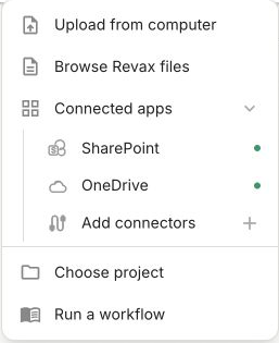 The Tallia attachment menu with uploads, existing files, connected SharePoint and OneDrive, and project selection.