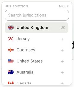 The Tallia jurisdiction menu with United Kingdom selected and other jurisdictions available.