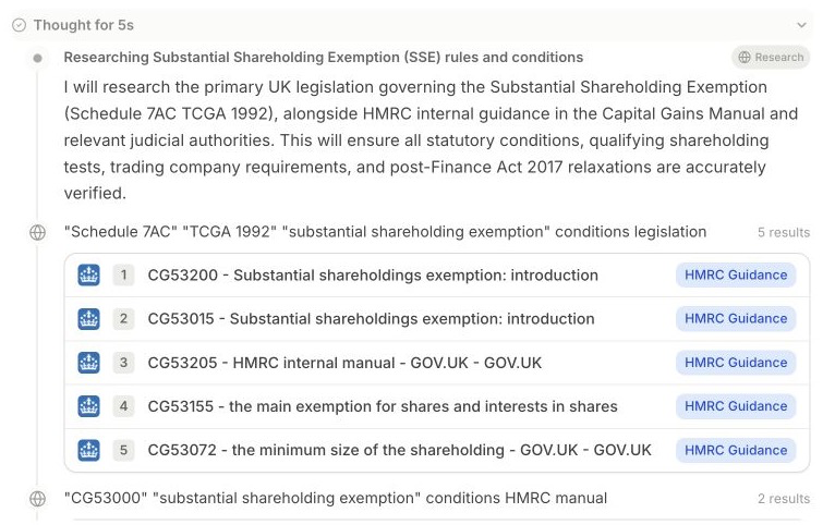 Expanded Research activity showing the research summary, search query, and retrieved HMRC guidance.