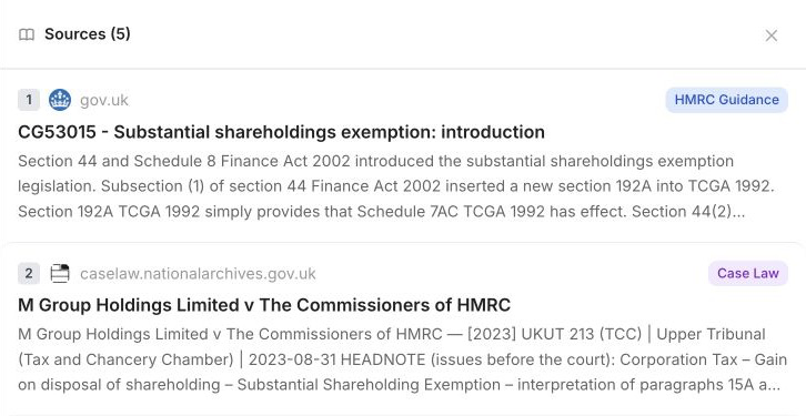 Tallia Sources panel showing HMRC guidance and a National Archives case law result, with source excerpts.