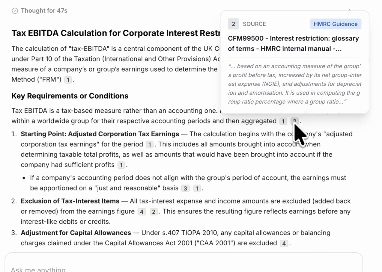 Tallia research answer about tax EBITDA, with citations linking to the supporting authorities.