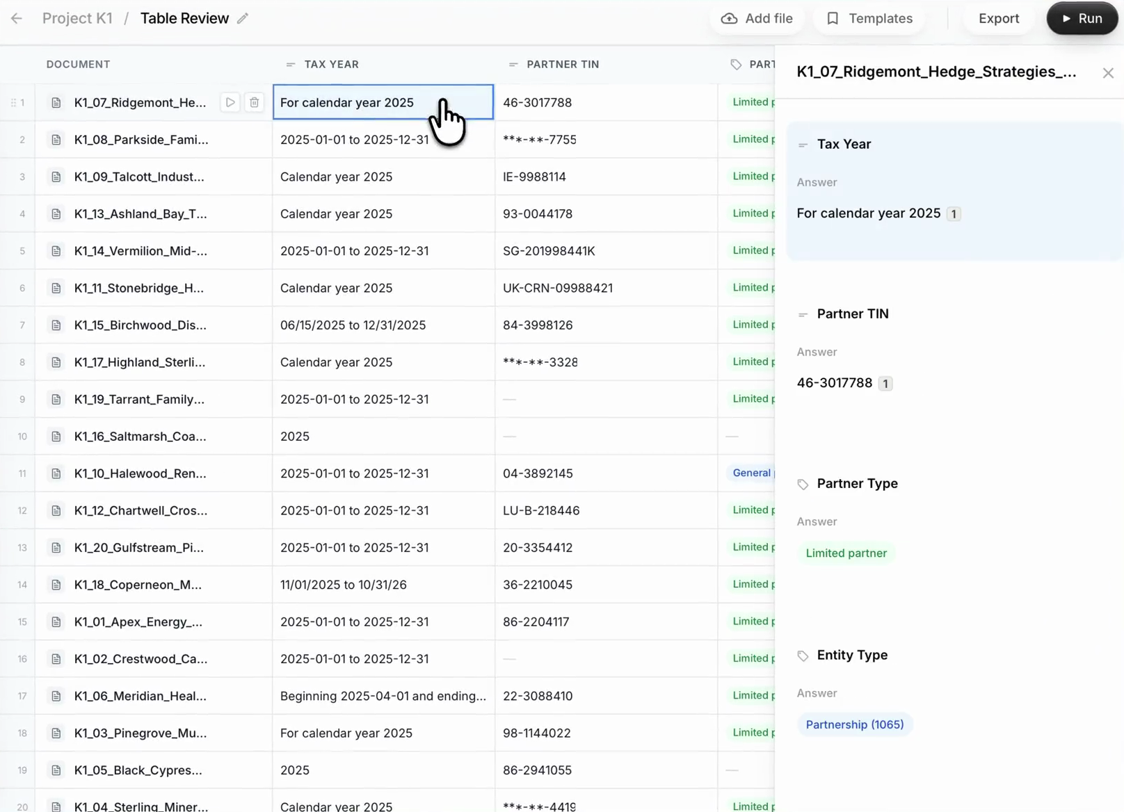 Tallia Table Review with a selected finding, its cited answer, and a source detail panel alongside the document table.