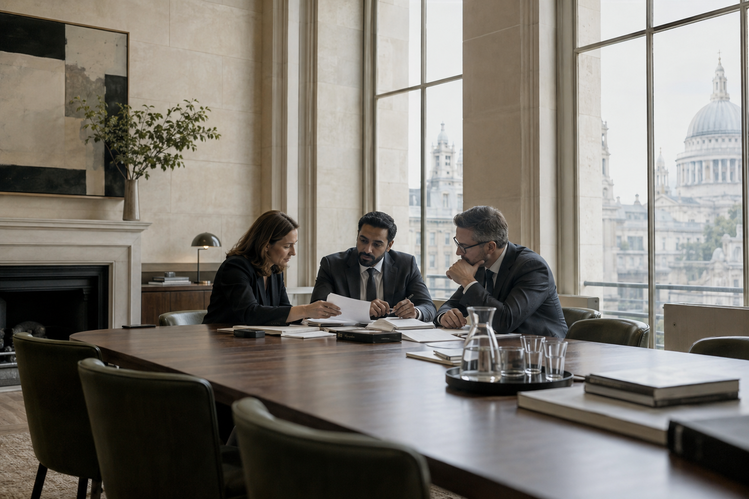 Three colleagues discussing documents around a walnut table in a light-filled office