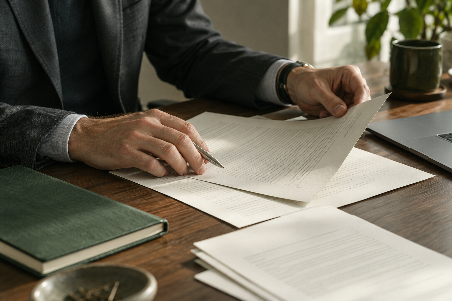 A professional carefully reviewing documents with a pen and green notebook